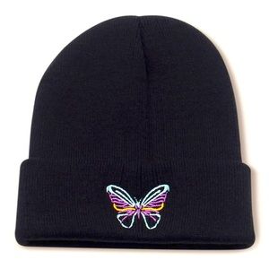 Beanie with stitched butterfly, beautiful colors and warm.